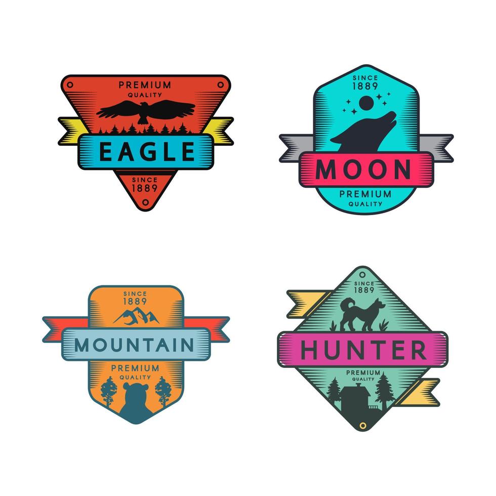 Eagle and Mountain, Moon and Hunter Badges Set vector