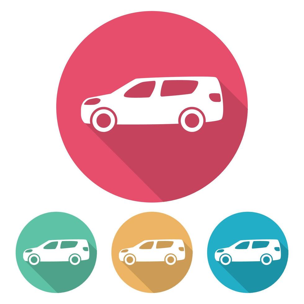 Set of four flat style cars in multi colored circles with shadow. Vector illustration