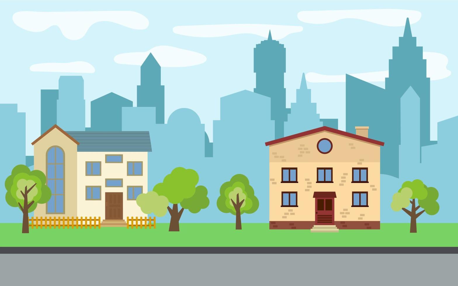 Vector city with two two-story cartoon houses and green trees in the sunny day. Summer urban landscape. Street view with cityscape on a background