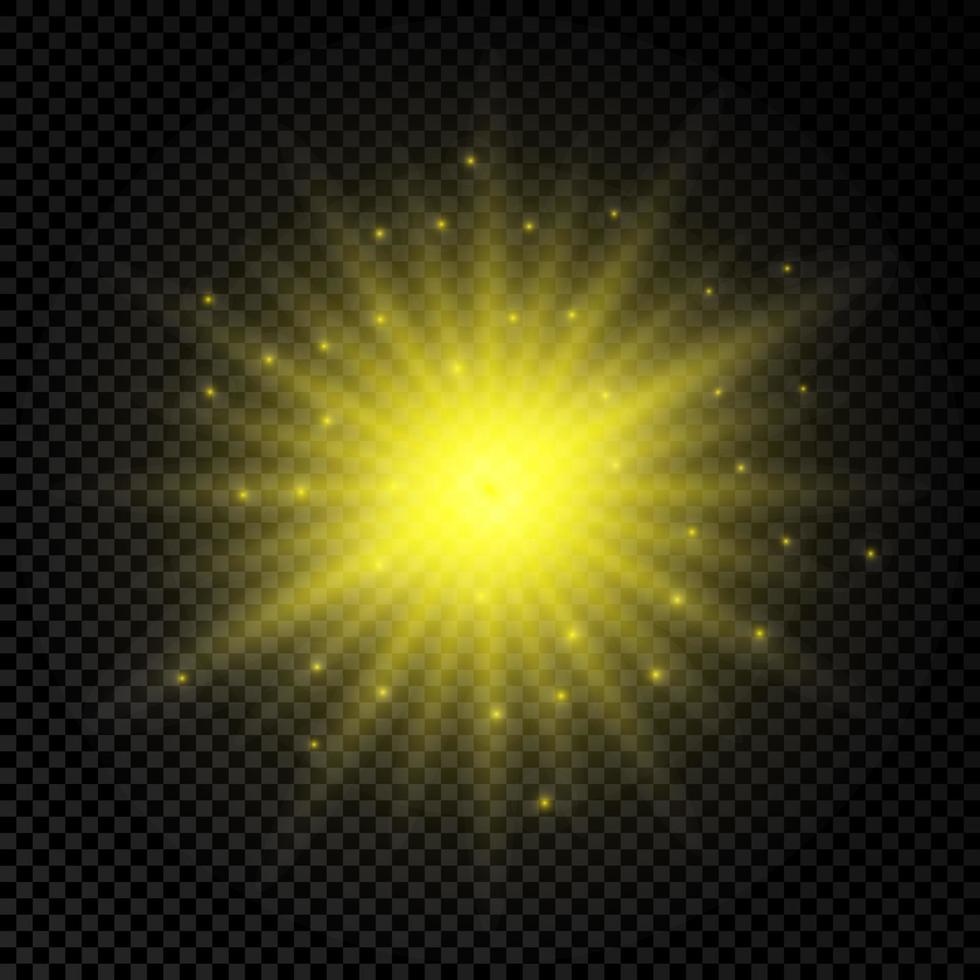 Light effect of lens flares. Yellow glowing lights starburst effects with sparkles vector