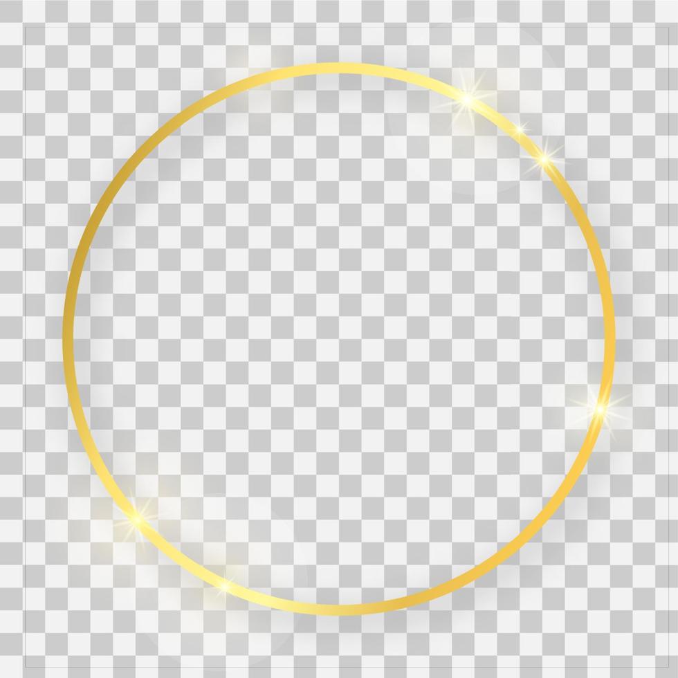 Gold shiny round frame with glowing effects and shadows on transparent background. Vector illustration