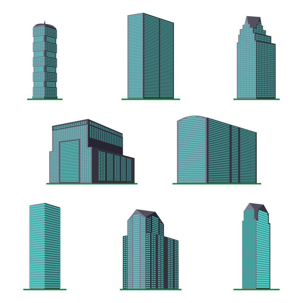 Set of eight modern high-rise building on a white background. View of the building from the bottom. Isometric vector illustration.