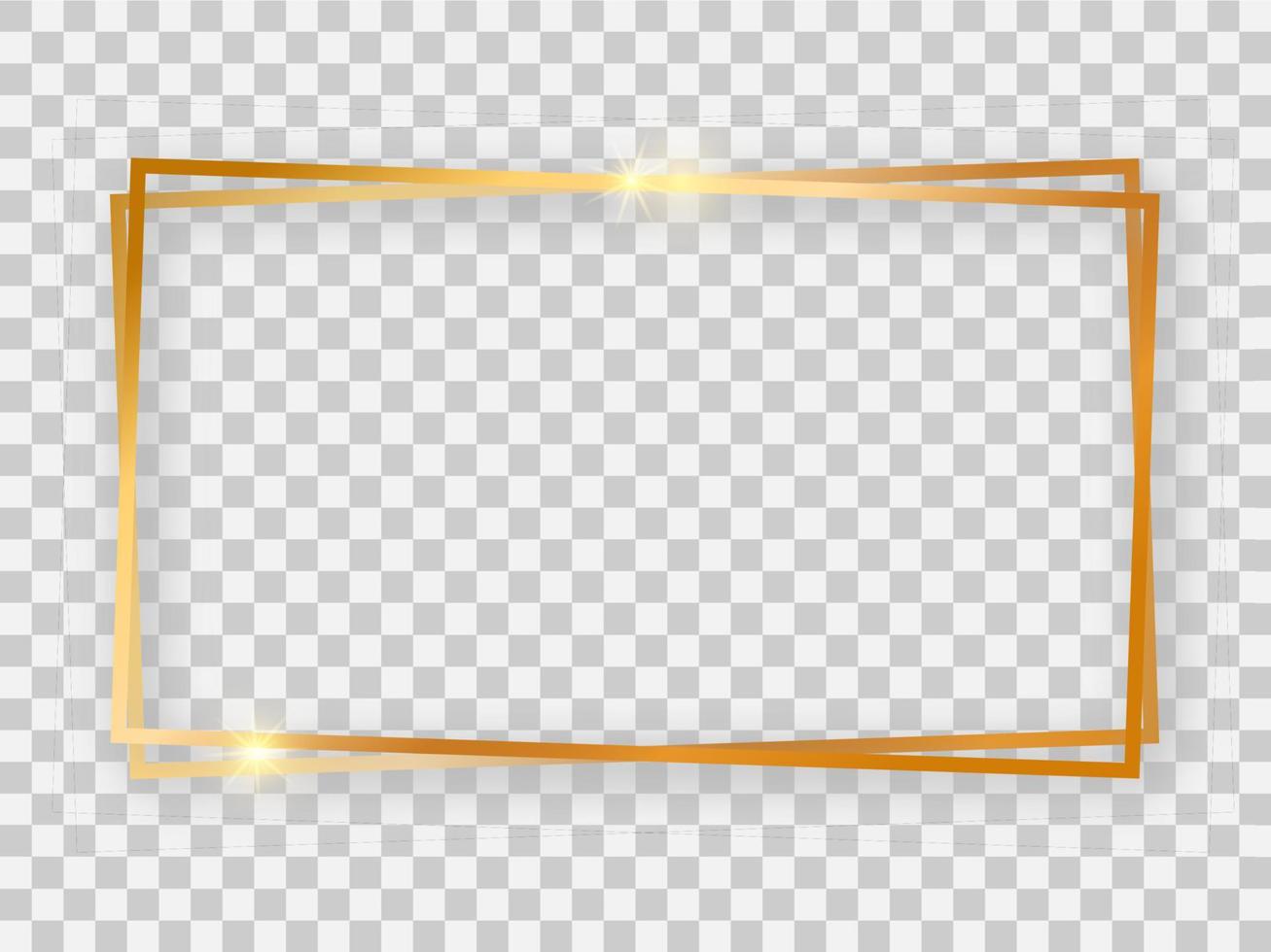 Double gold shiny 16x9 rectangular frame with glowing effects and shadows vector