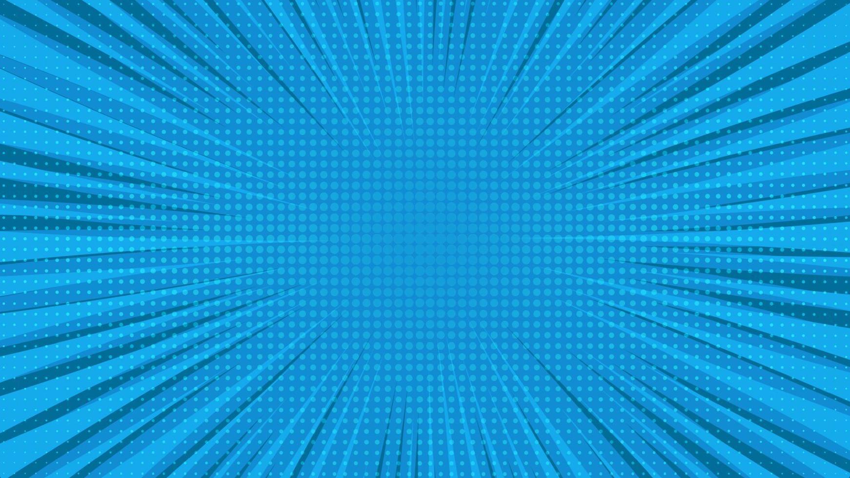 Blue comic book page background in pop art style with empty space. Template with rays, dots and halftone effect texture. Vector illustration