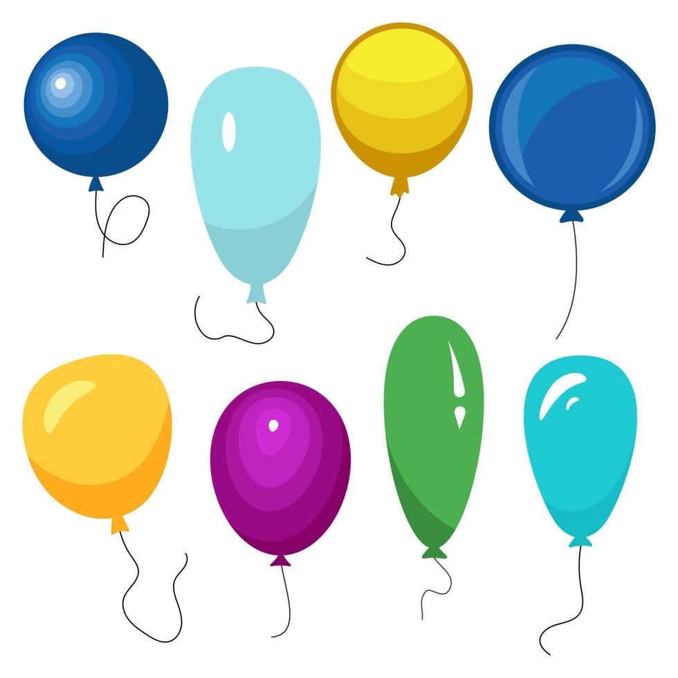 Set of eight colorful balloons with a string isolated on white background. Vector illustration