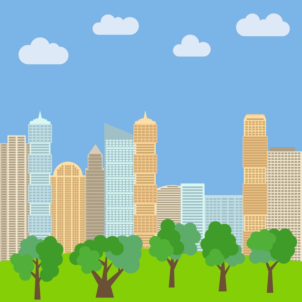 City park in the background of skyscrapers. Vector illustration