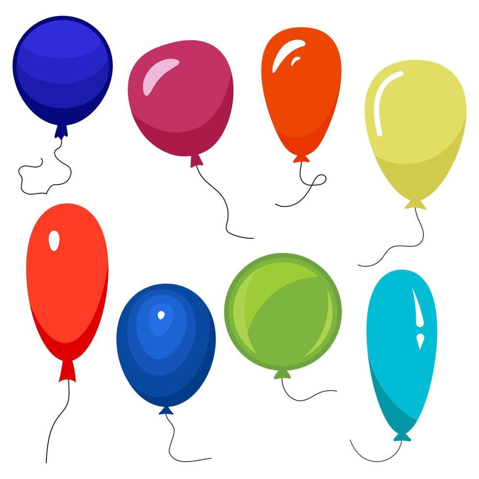 Set of eight colorful balloons with a string isolated on white background. Vector illustration