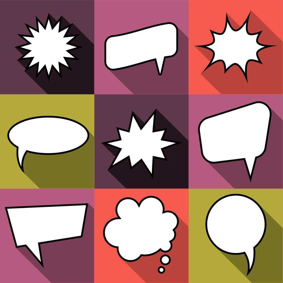 Set of nine cartoon comic balloon speech bubbles in flat style. Elements of design comic books without phrases. Vector illustration