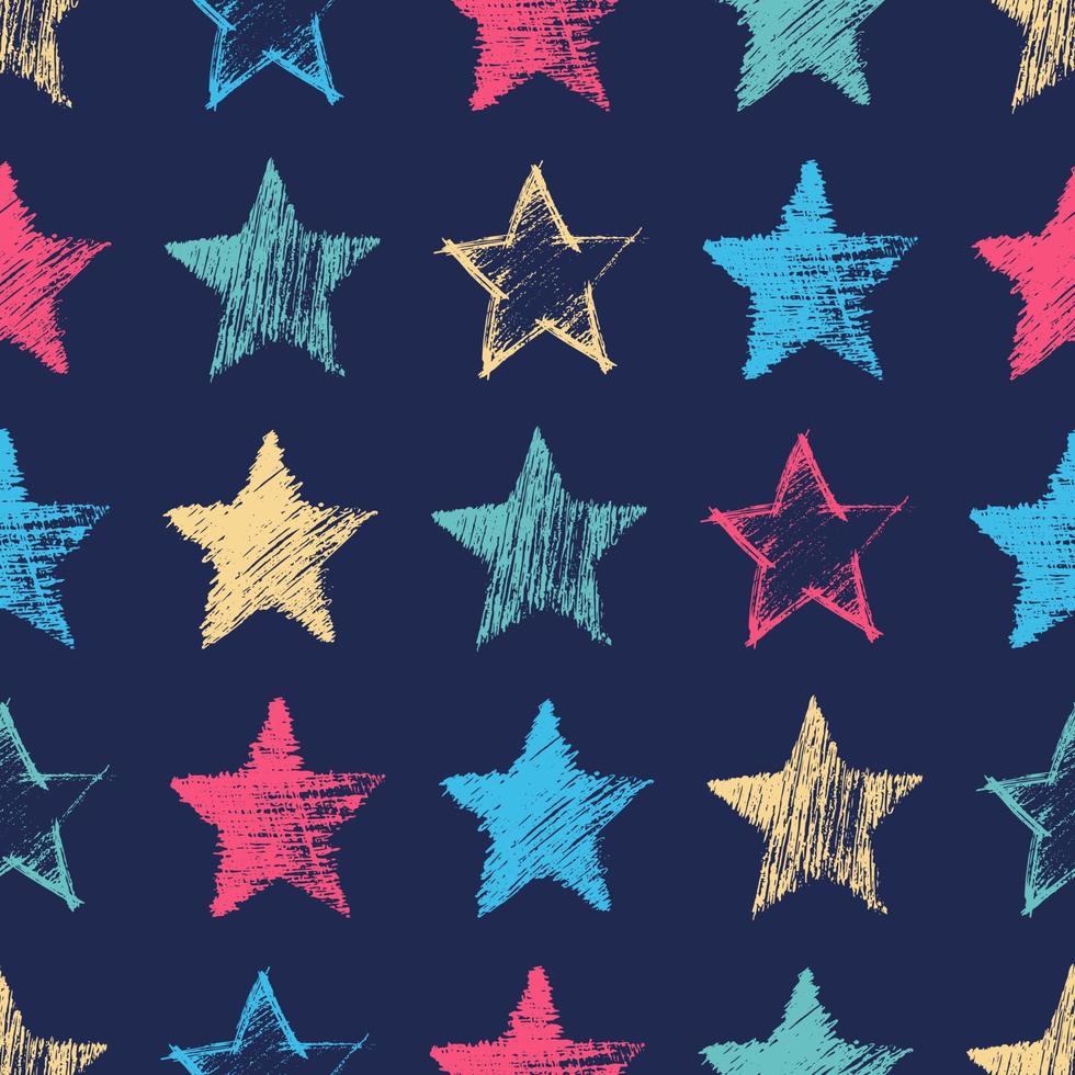 Seamless Pattern with hand drawn blue Stars on blue background. Abstract grunge texture. Vector illustration