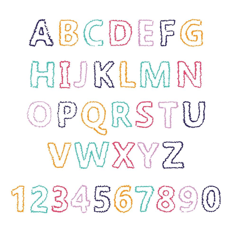 Hand Drawn Latin Alphabet Letters and Numbers. Uppercase modern font and typeface. Multicolored symbols on white background. Vector illustration.