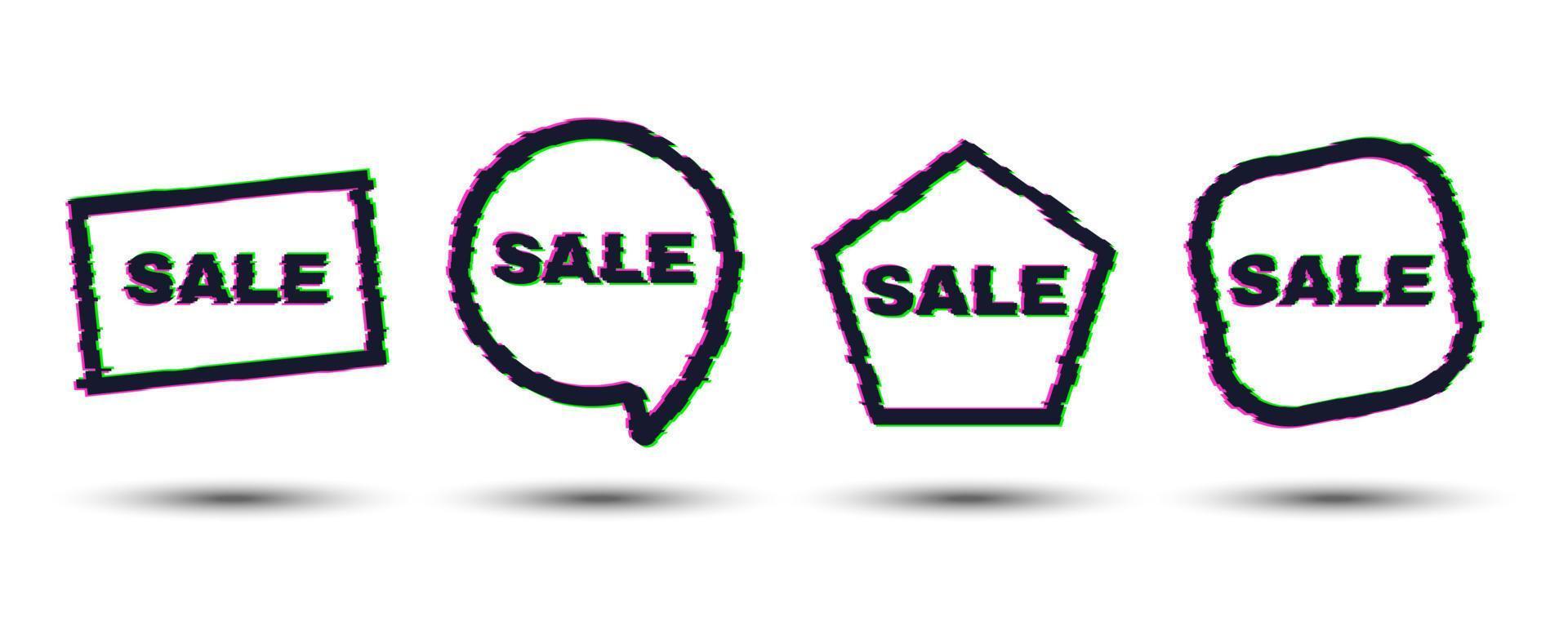 Set of four geometric shapes and sale banners with glitch effect. Distortion frames with shadow on white background. Vector illustration