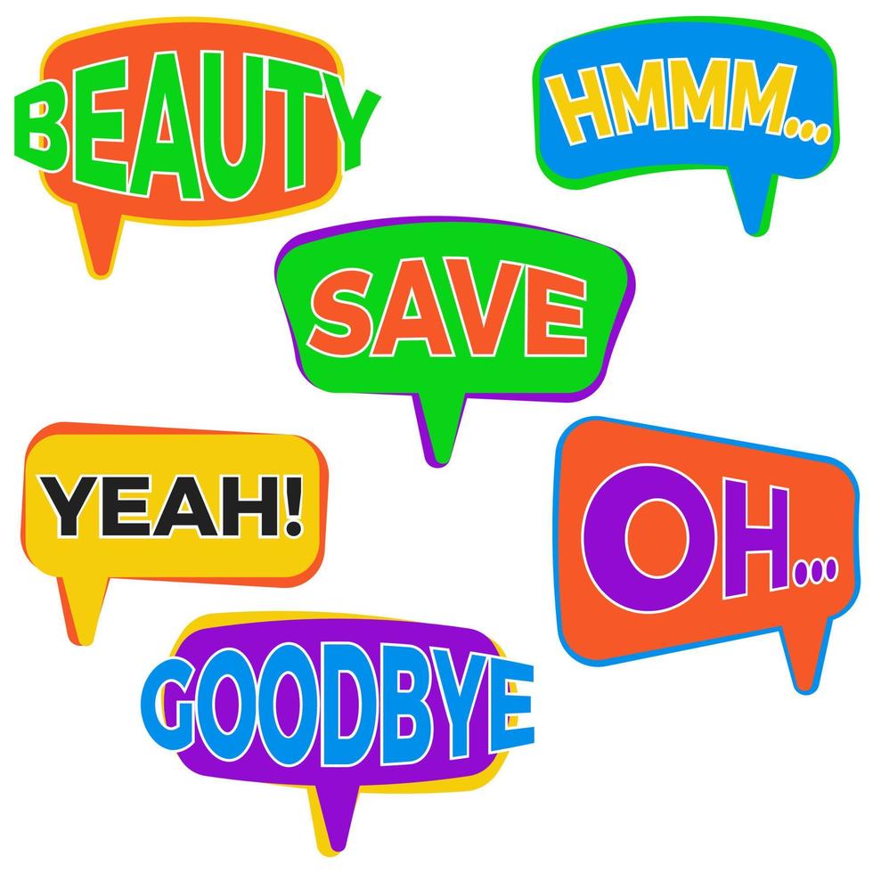 Set of six cartoon comic balloon speech bubbles in flat style. Elements of design comic books with different phrases. Vector illustration
