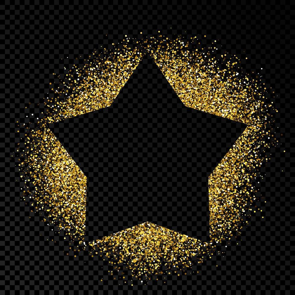 Star frame with golden glitter on dark transparent background. Empty background. Vector illustration.