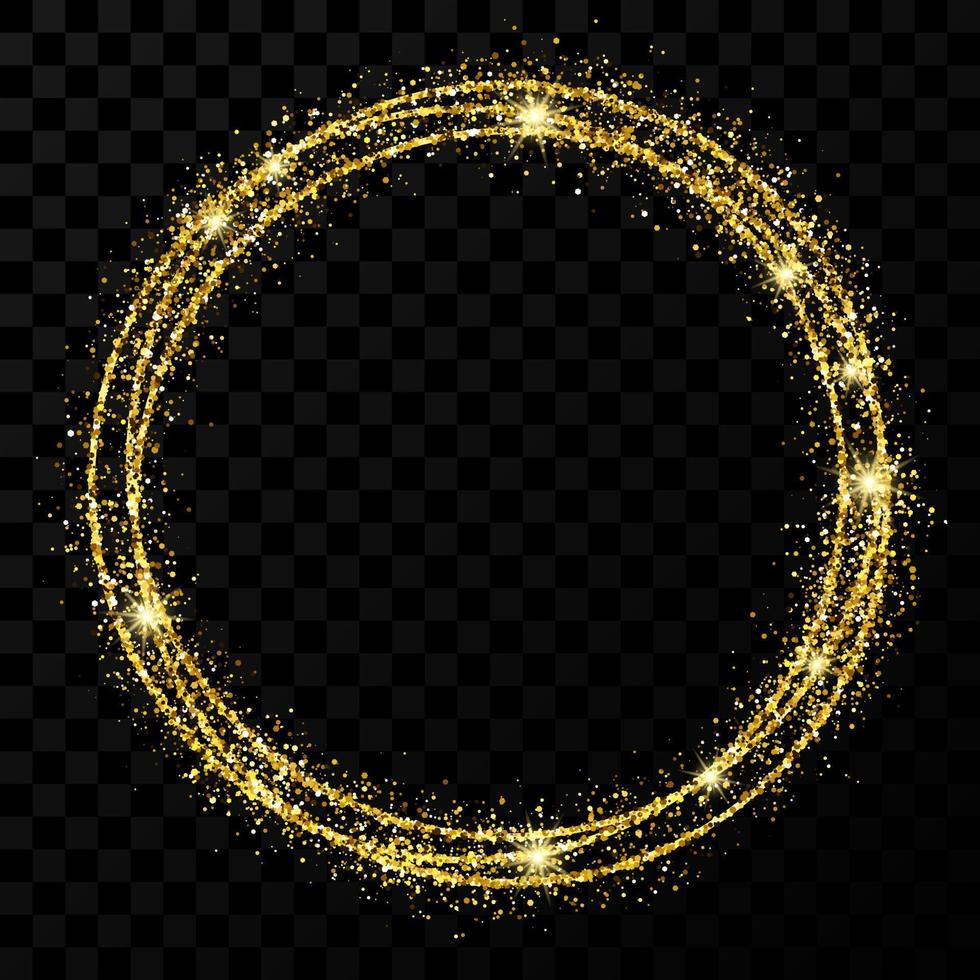 Gold circle frame. Modern shiny frame with light effects isolated on dark transparent background. Vector illustration.