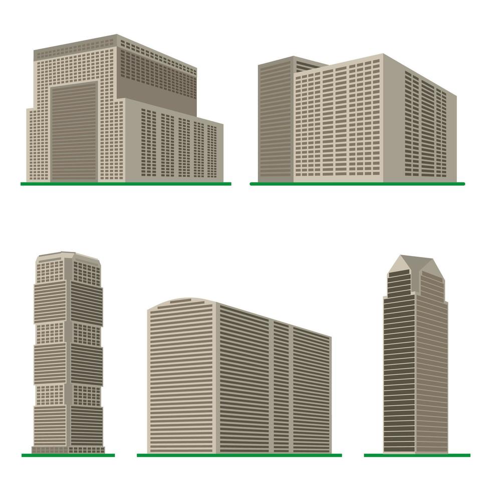 conjunto de cinco edificios modernos de gran altura sobre un fondo blanco. vista del edificio desde abajo. ilustración vectorial isométrica. vector