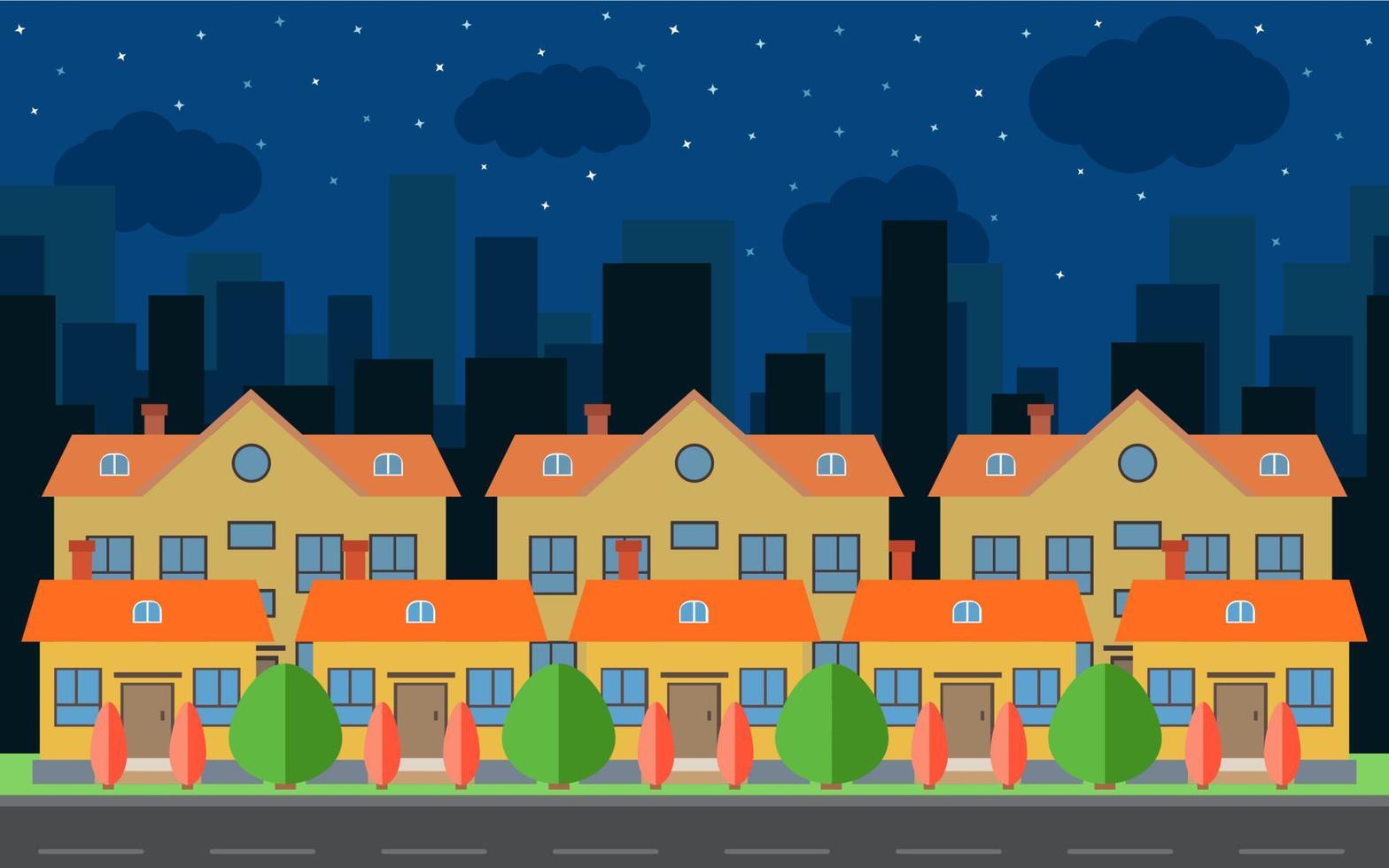 ciudad nocturna vectorial con casas y edificios de dibujos animados. espacio de la ciudad con carretera en concepto de fondo de estilo plano. paisaje urbano de verano. vista de la calle con paisaje urbano en un fondo vector