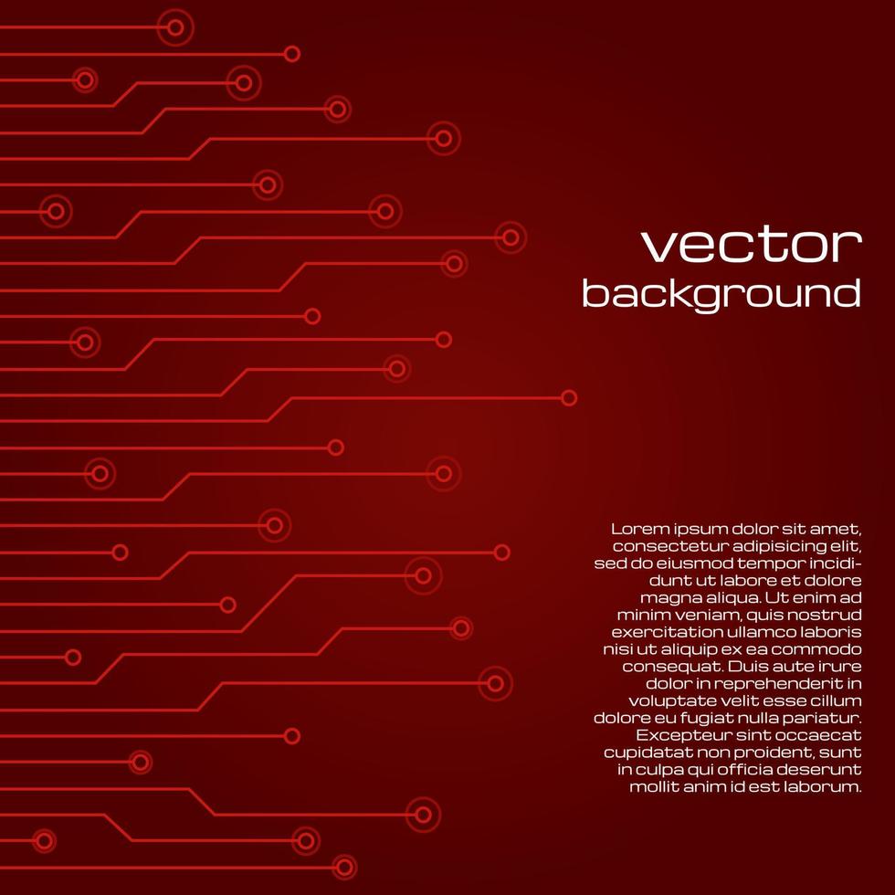 Abstract technological dark red background with elements of the microchip. Circuit board background texture. Vector illustration.