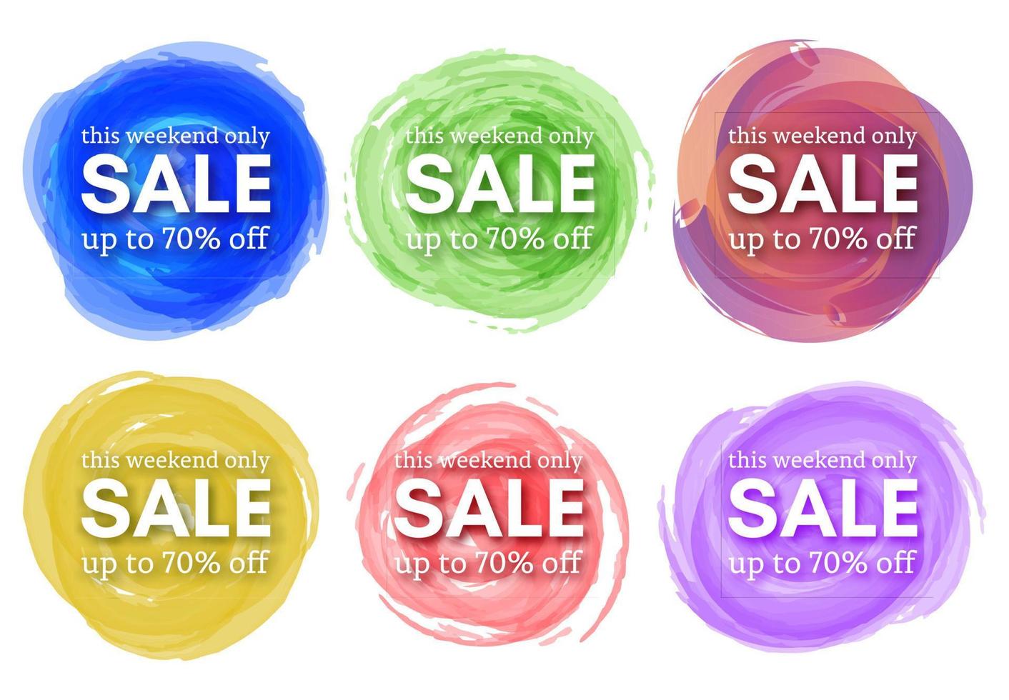 Set of Six Sale this weekend only up to 70 off sign with shadow over red watercolor spot. Vector illustration.