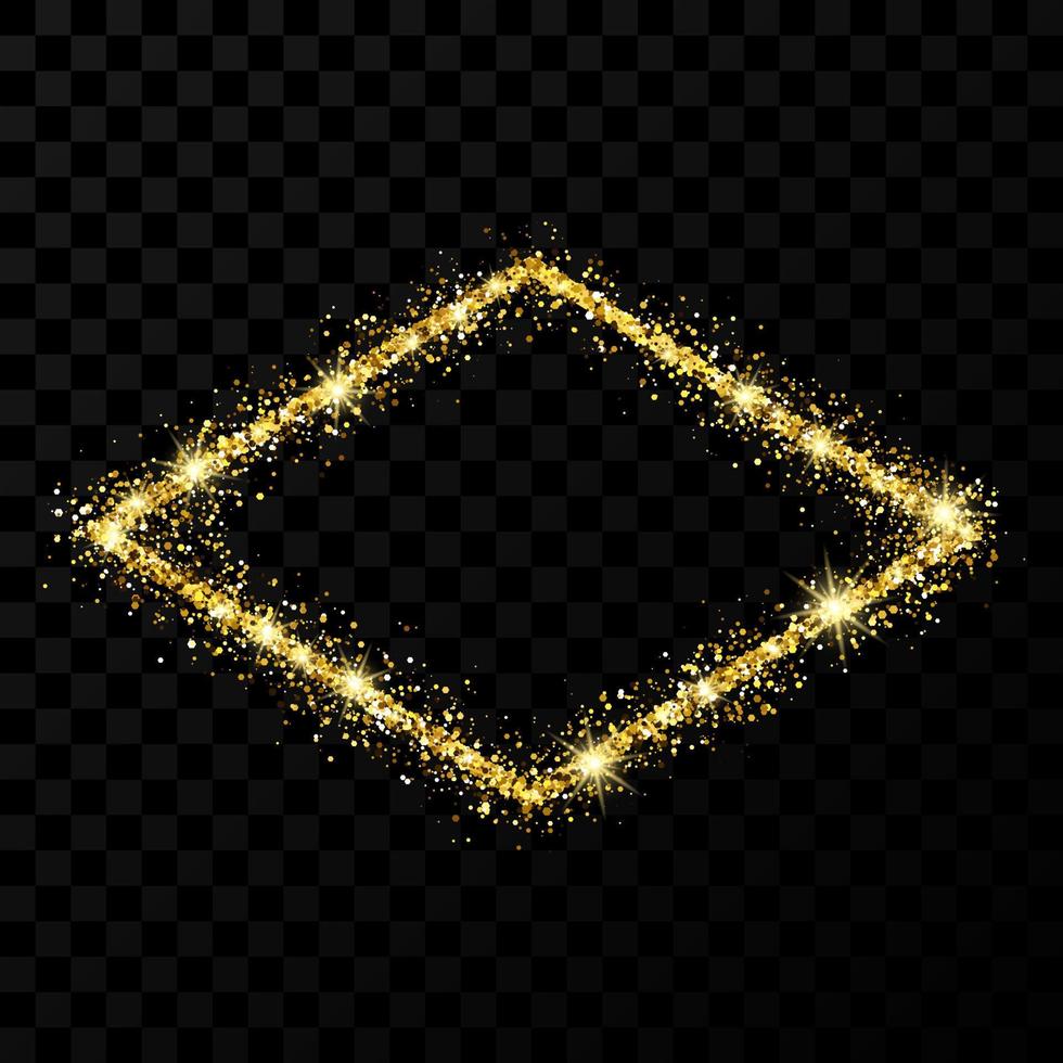 Gold glitter frame. Rhombus frame with shiny sparkles on dark vector