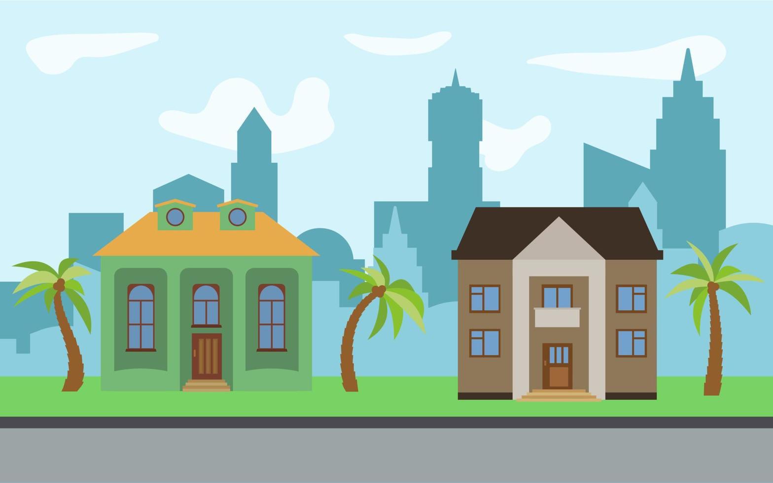 Vector city with two two-story cartoon houses and palm trees in the sunny day. Summer urban landscape. Street view with cityscape on a background