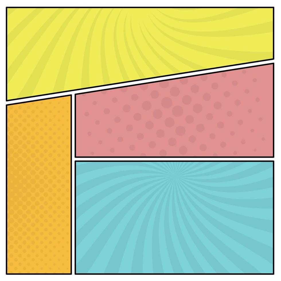 Colorful comic book page background in pop art style. Empty template with rays and dots pattern. Vector illustration