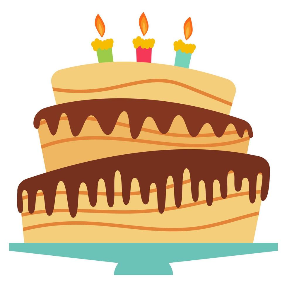 Sweet birthday cake with three burning candles. Colorful holiday dessert. Vector celebration background.