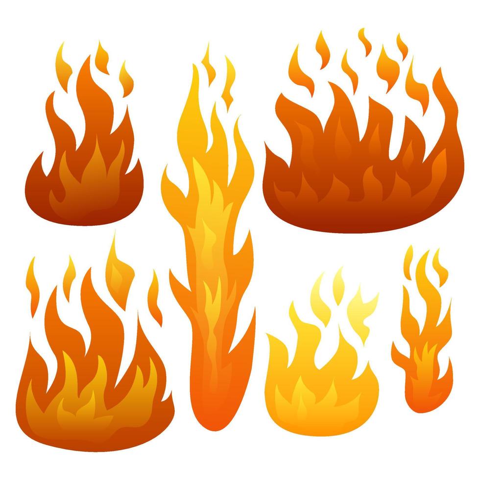 Set of Six Fire Flames isolated on white background. Vector illustration