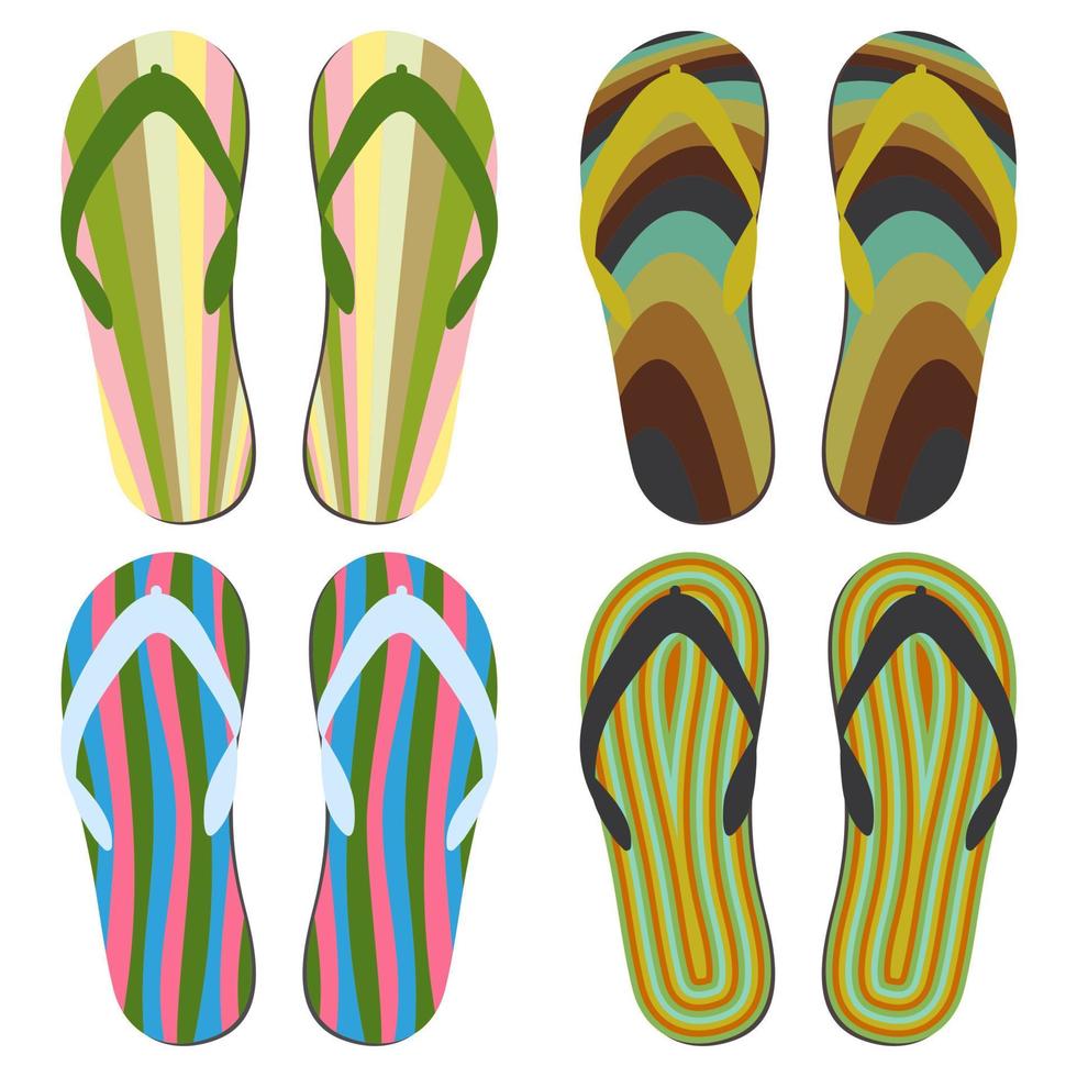 Set of Beach Slippers. Colorful Summer Flip Flops Over White Background. vector