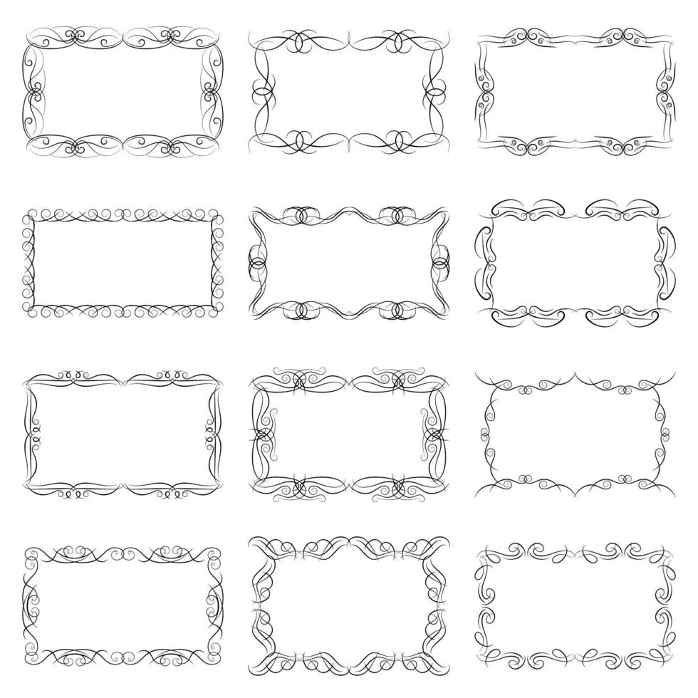 Set of twelve decorative vintage horizontal frames with the place for your text in center. Vintage ornament greeting card template. Vector illustration.