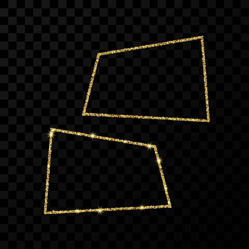 Gold rectangle frame. Two modern shiny frames with light effects isolated on dark transparent background. Vector illustration.