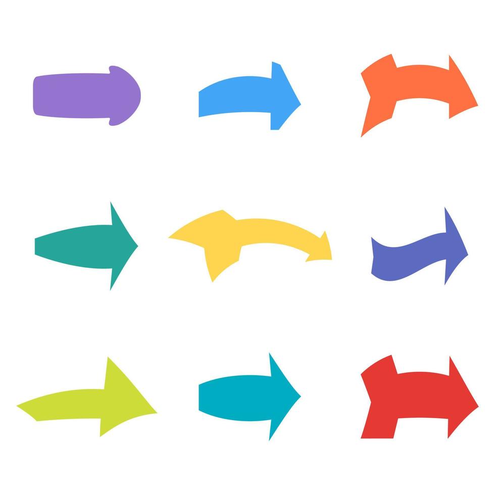 Set of nine multicolored various arrows. Vector illustration