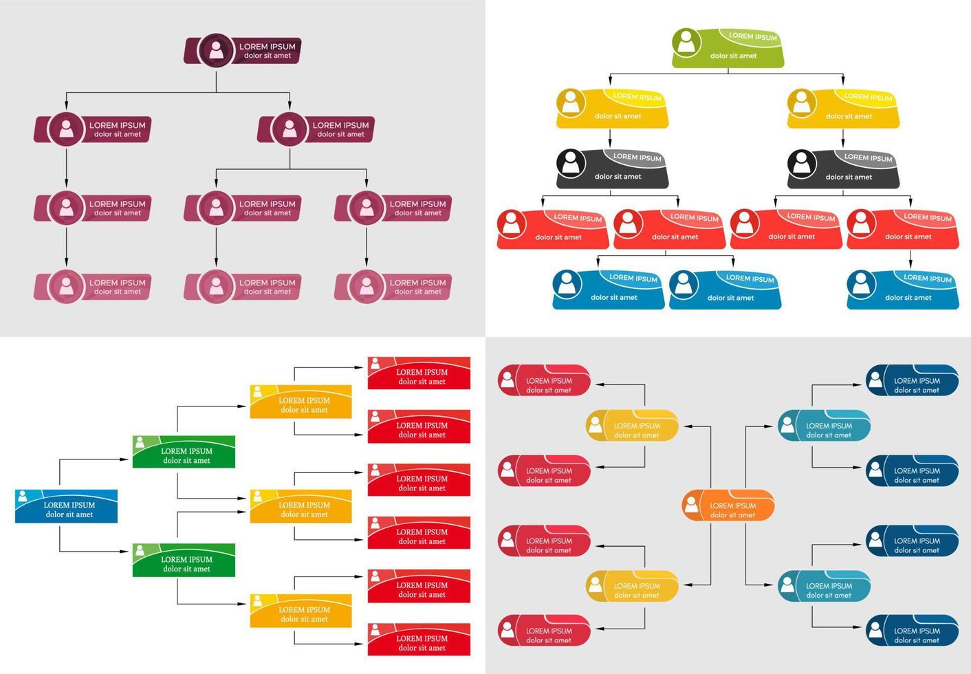 Set of four colorful business structure concept, corporate organization chart scheme with people icons. Vector illustration.