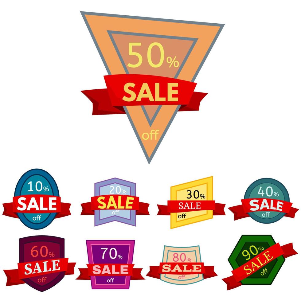 Set of different nine discount stickers. Colorful badges with red ribbon for sale 10 - 90 percent off. Vector illustration.