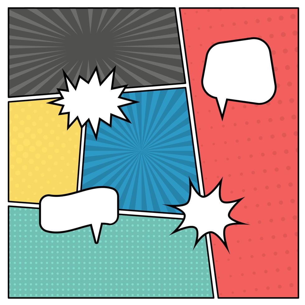 colorido fondo de página de cómic en estilo pop art con burbujas de habla vacías. plantilla con patrón de rayas y puntos. ilustración vectorial vector