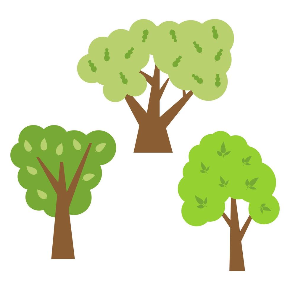 Three green trees with leaves. Vector illustration