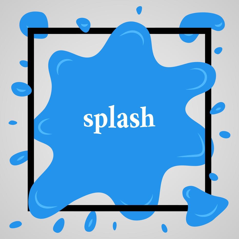 Big blue splash with lots of small splashes in black frame and inscription splash. Vector illustration