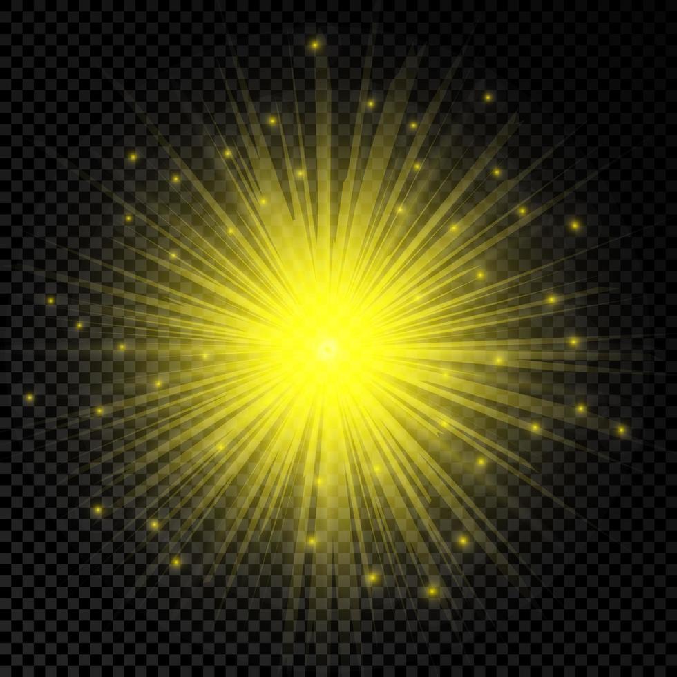 Light effect of lens flares. Yellow glowing lights starburst effects with sparkles on a transparent background. Vector illustration