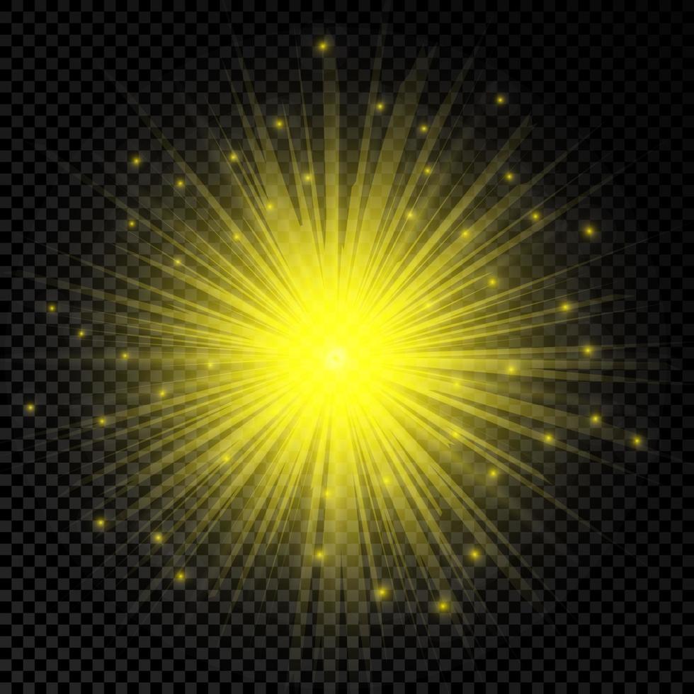 efecto de luz de destellos de lente. luces amarillas brillantes efectos de explosión estelar con destellos sobre un fondo transparente. ilustración vectorial vector