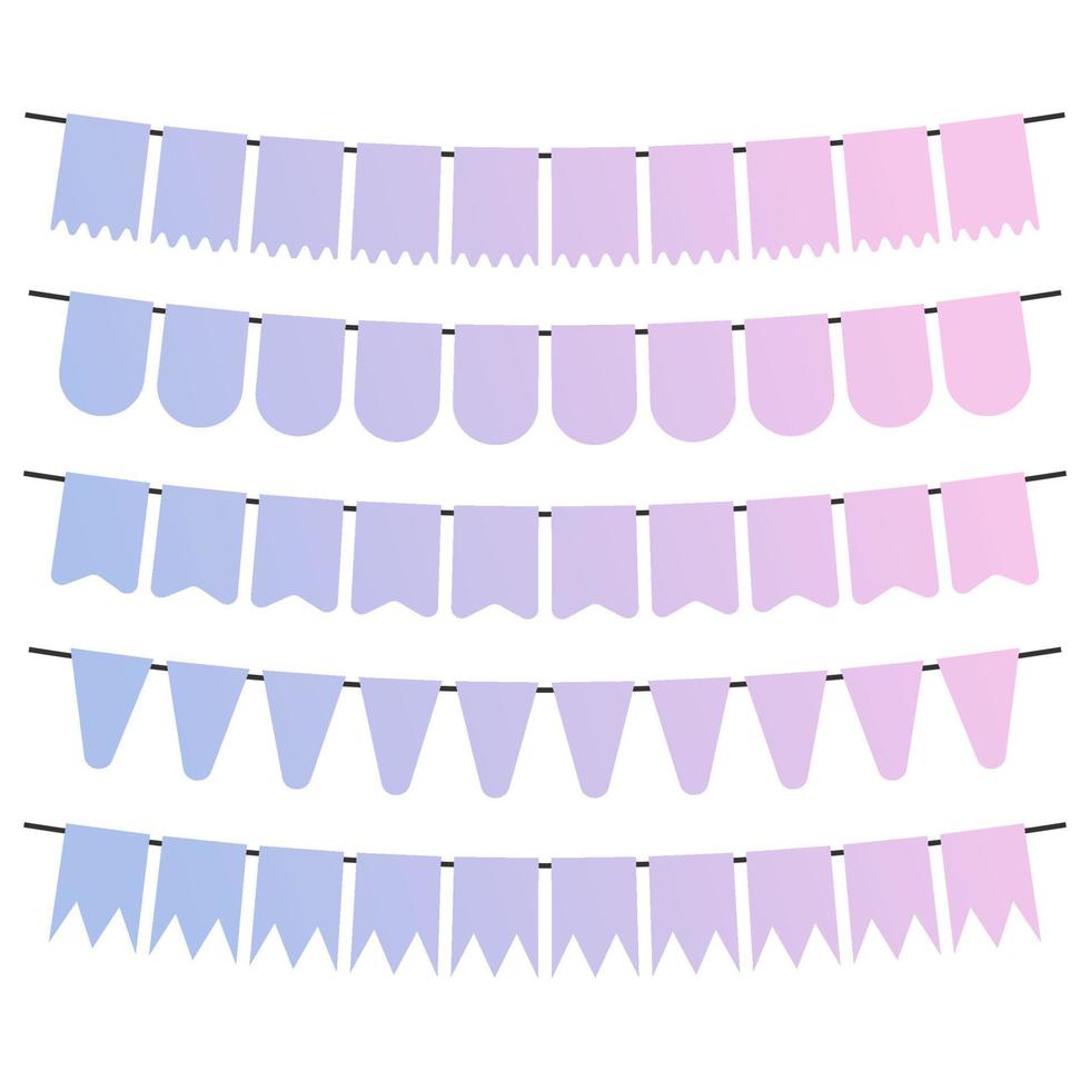 Colorful flags and bunting garlands for decoration. Decor elements with various patterns. Vector illustration