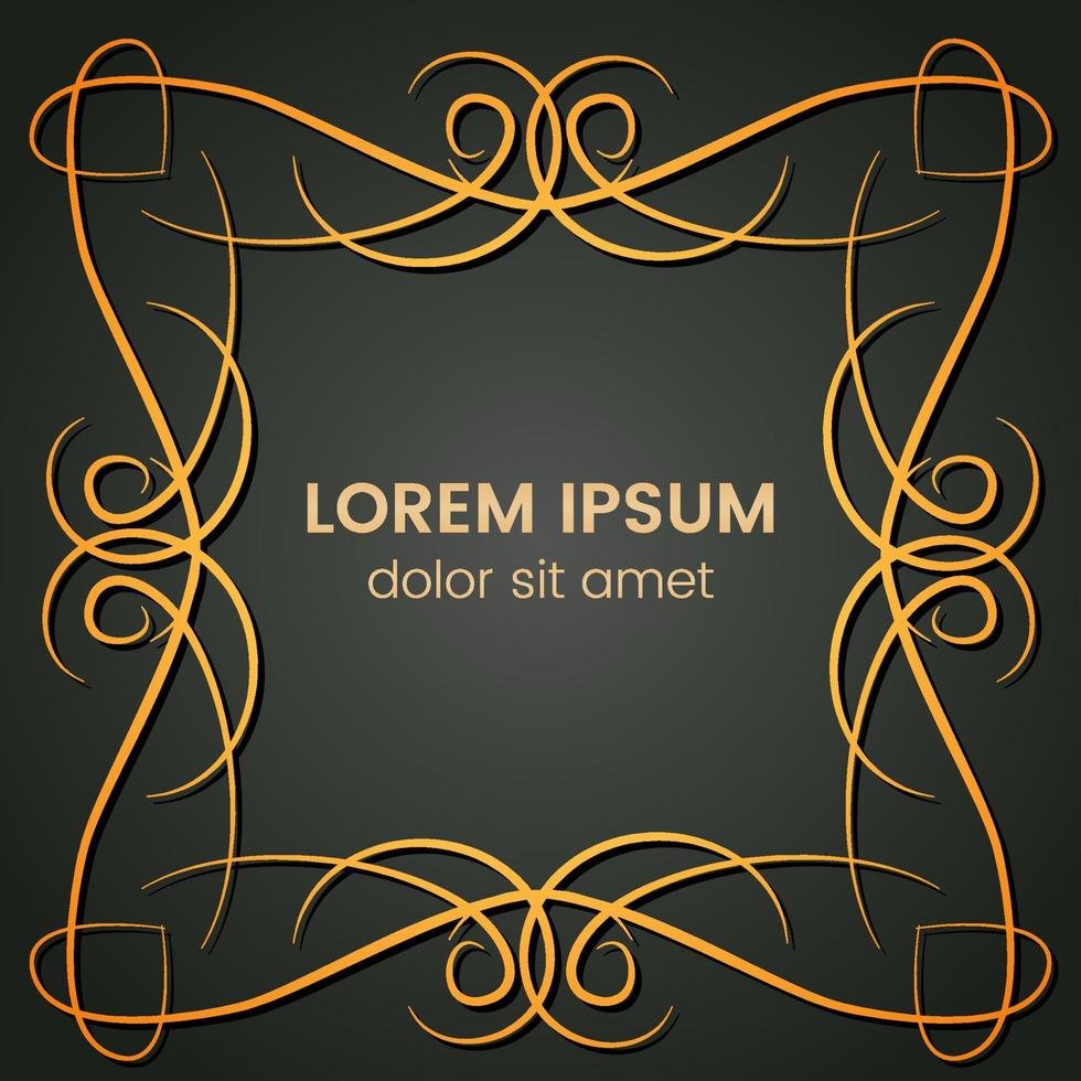 A square golden monogram element on a dark background. Vector illustration.