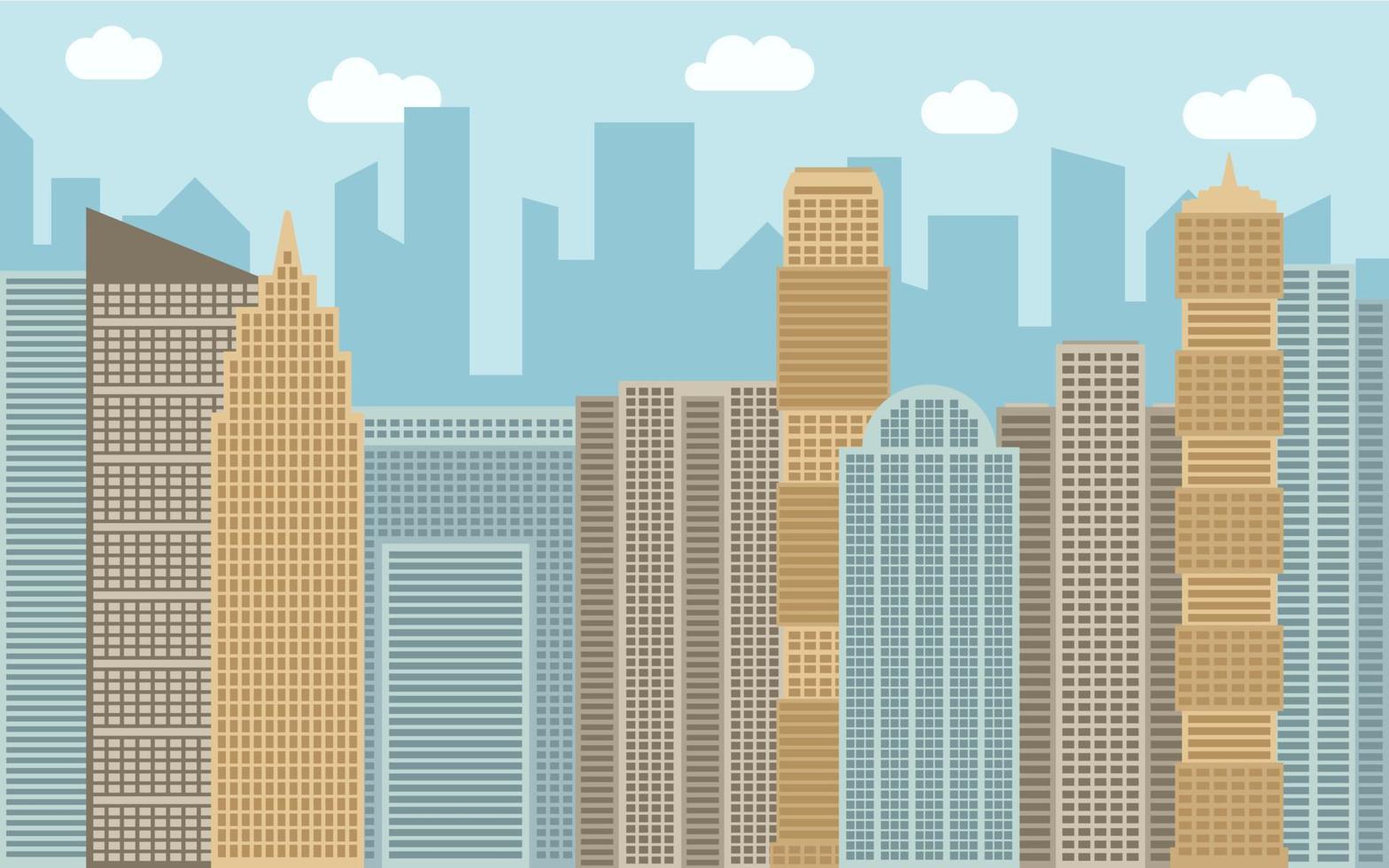 Vector urban landscape illustration. Street view with cityscape, skyscrapers and modern buildings at sunny day. City space in flat style background concept.