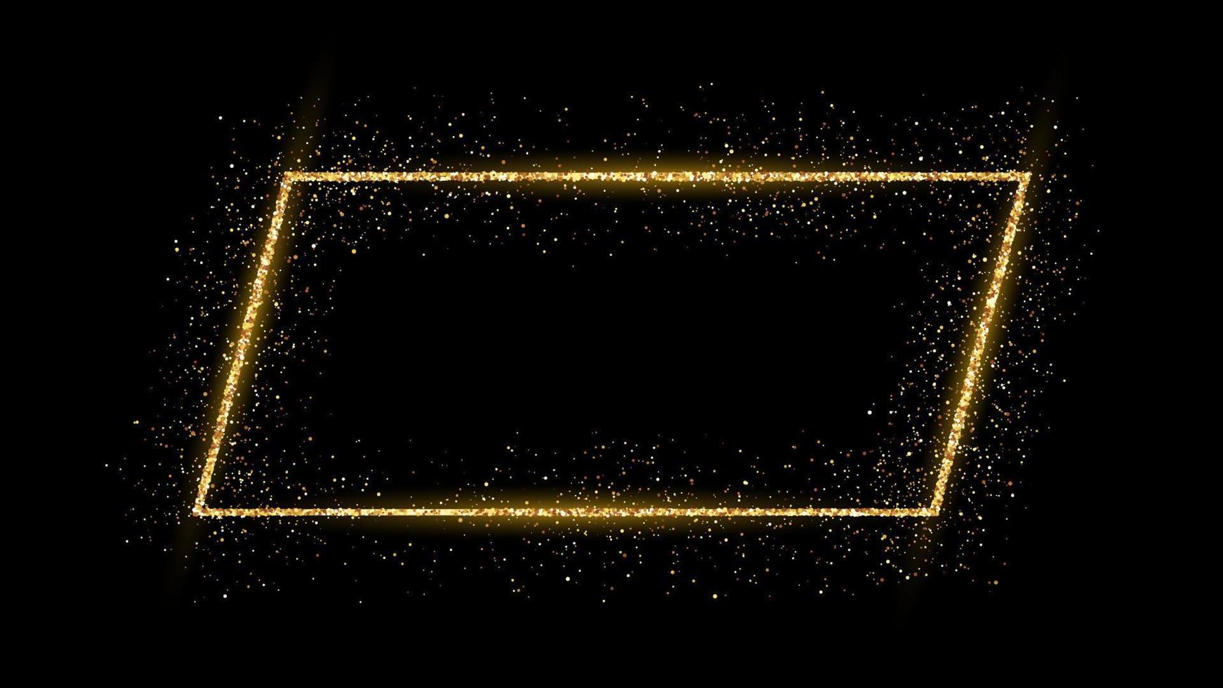 Golden frame with glitter, sparkles and flares on dark background. Empty luxury backdrop. Vector illustration.