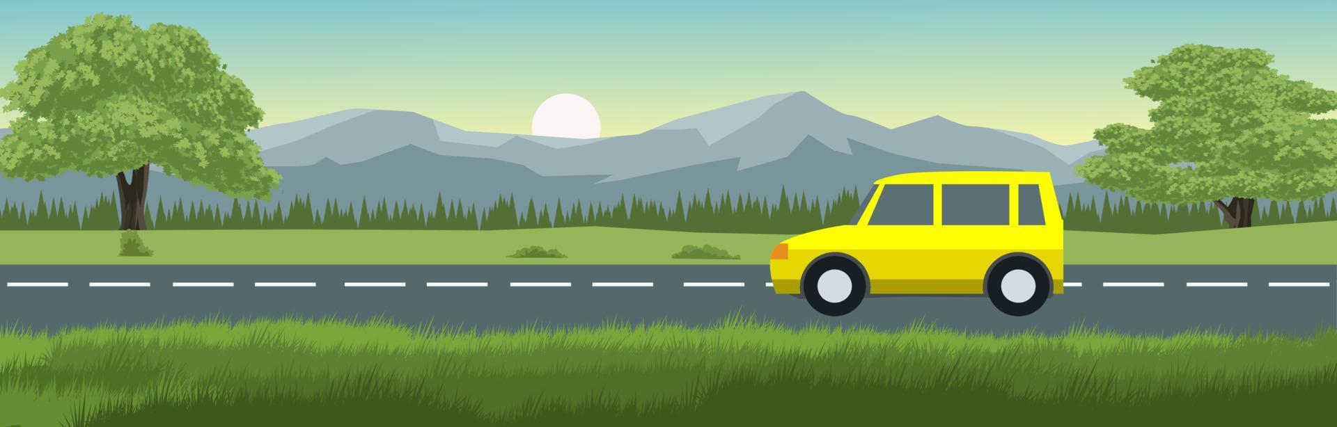Vector landscape illustration with a car on the road
