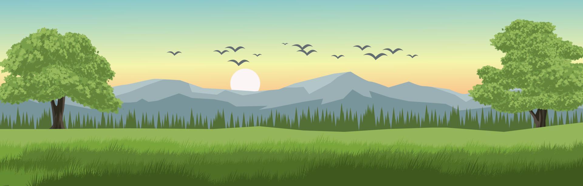 Vector morning landscape illustration with birds