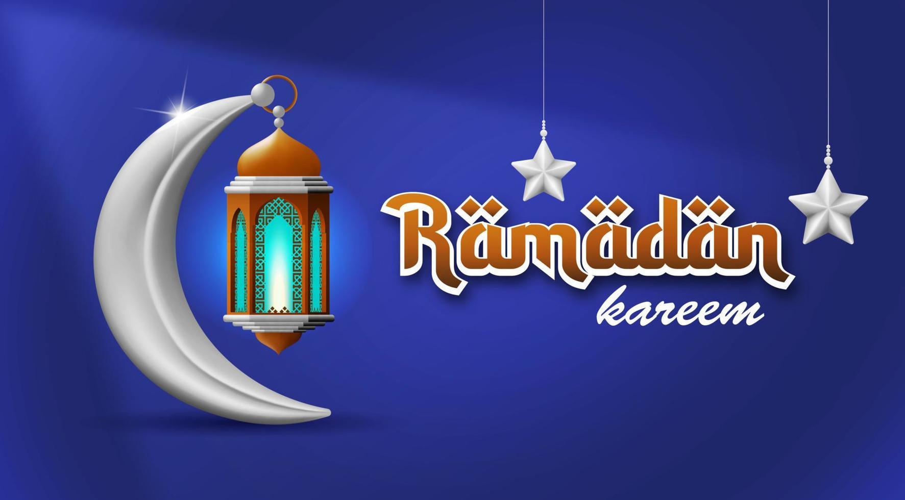 ramadan greeting card. Islamic celebration banner decorated with moon, lantern and stars. isolated on blue background. vector illustration