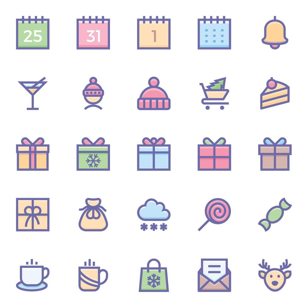 Filled color outline icons for Christmas. vector