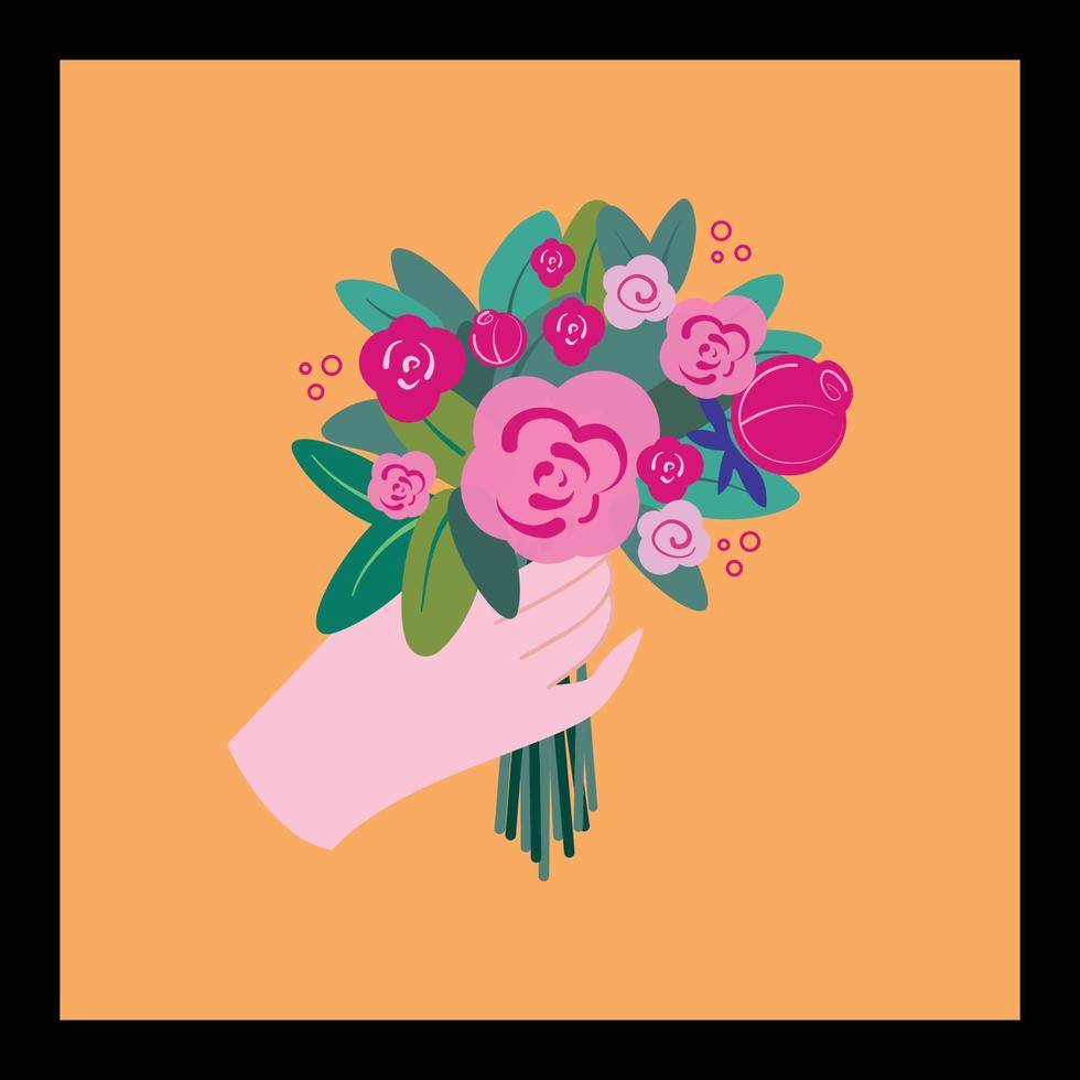 International Women's Day. Spring holiday Happy Women's day 8 march.Woman holding a flower bouquet. Vector illustration, greeting card. Hands holding a bouquet with flowers.Vector illustration.