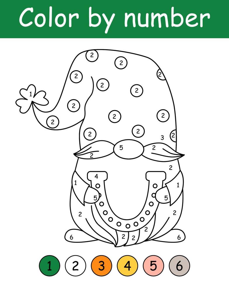 Color by number game for kids. Cute gnome with gold horseshoe. St. Patrick's Day coloring book. Printable worksheet with solution for school and preschool. Learning numbers activity. vector
