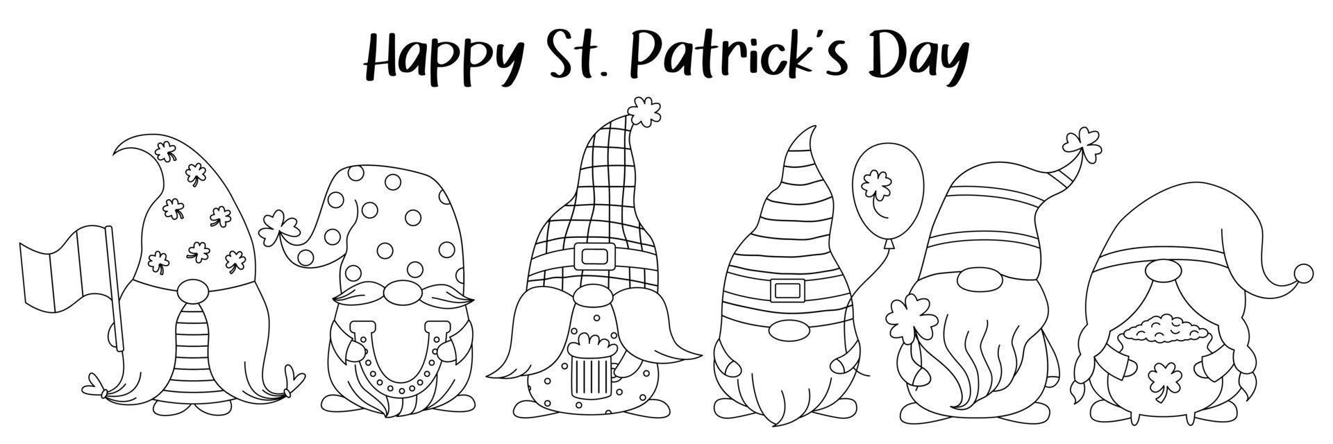 Hand drawn outline St. Patrick's Day Irish gnomes with clover for good luck. Set cute gnomes. Vector cartoon Leprechauns illustration for cards, decor, shirt design, banner, invitation to the pub.