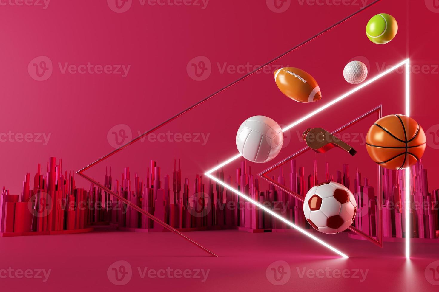 3d sport rendering. background for a sports game. 3d illustration. realistic abstract backdrop. ball object. copy space. tennis soccer basketball golf rugby volleyball elements. neon concept design. photo